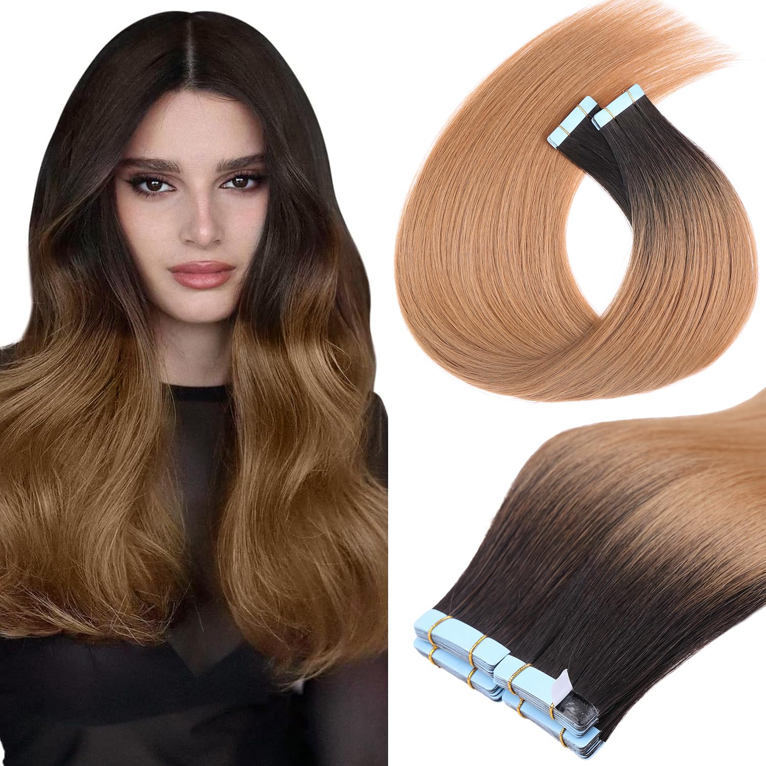Mscat Tape in Hair Extensions 22 Inch 20Pcs 50g/pack Ombre Brown Invisible Straight Hair Extensions Tape in(22Inch #RS827 Ombre Brown) — image 1