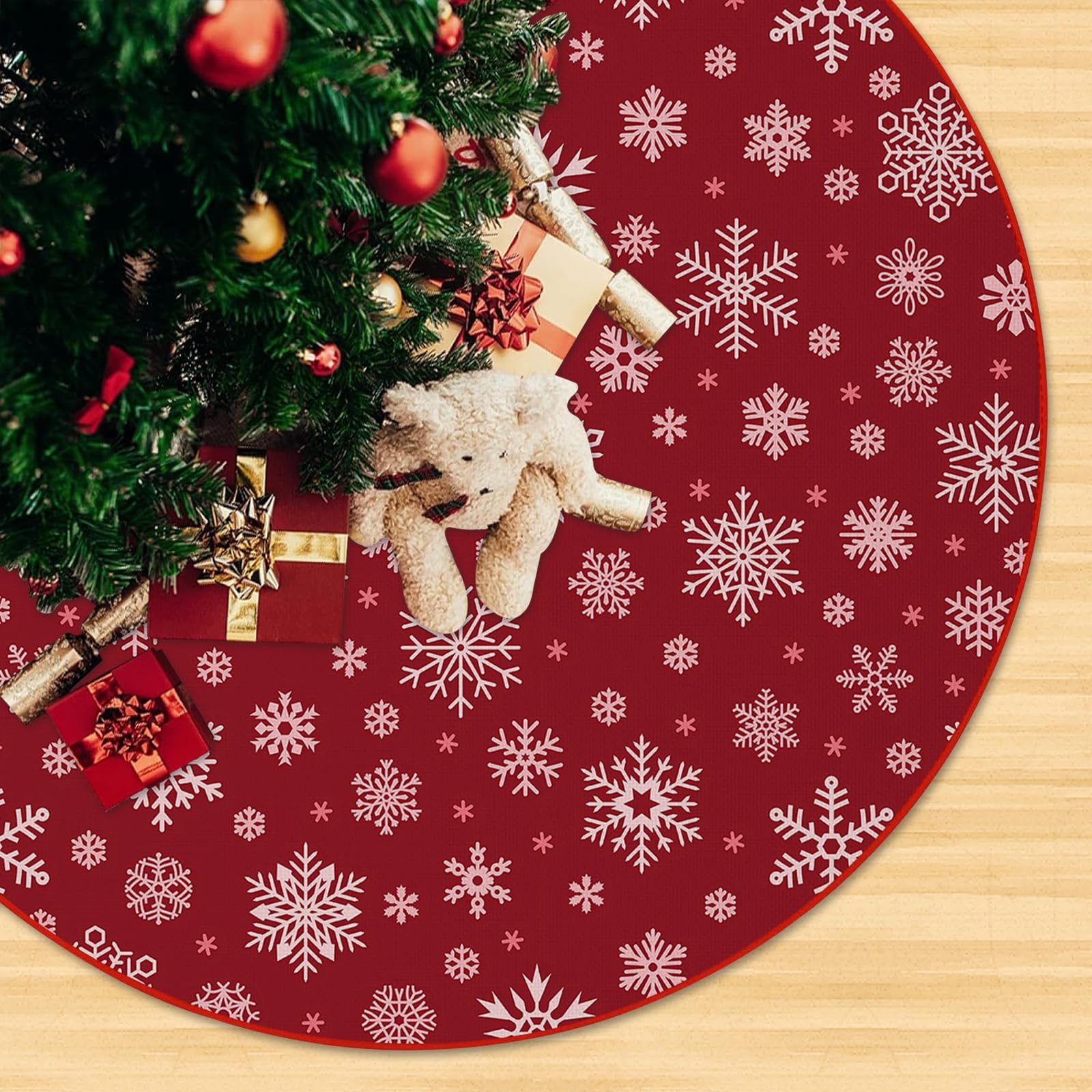 Red Christmas Tree Skirt Snowflakes Xmas Tree Skirts, Large Christmas Tree Mat with Snowy Pattern for Christmas Decorations Holiday Party 120cm