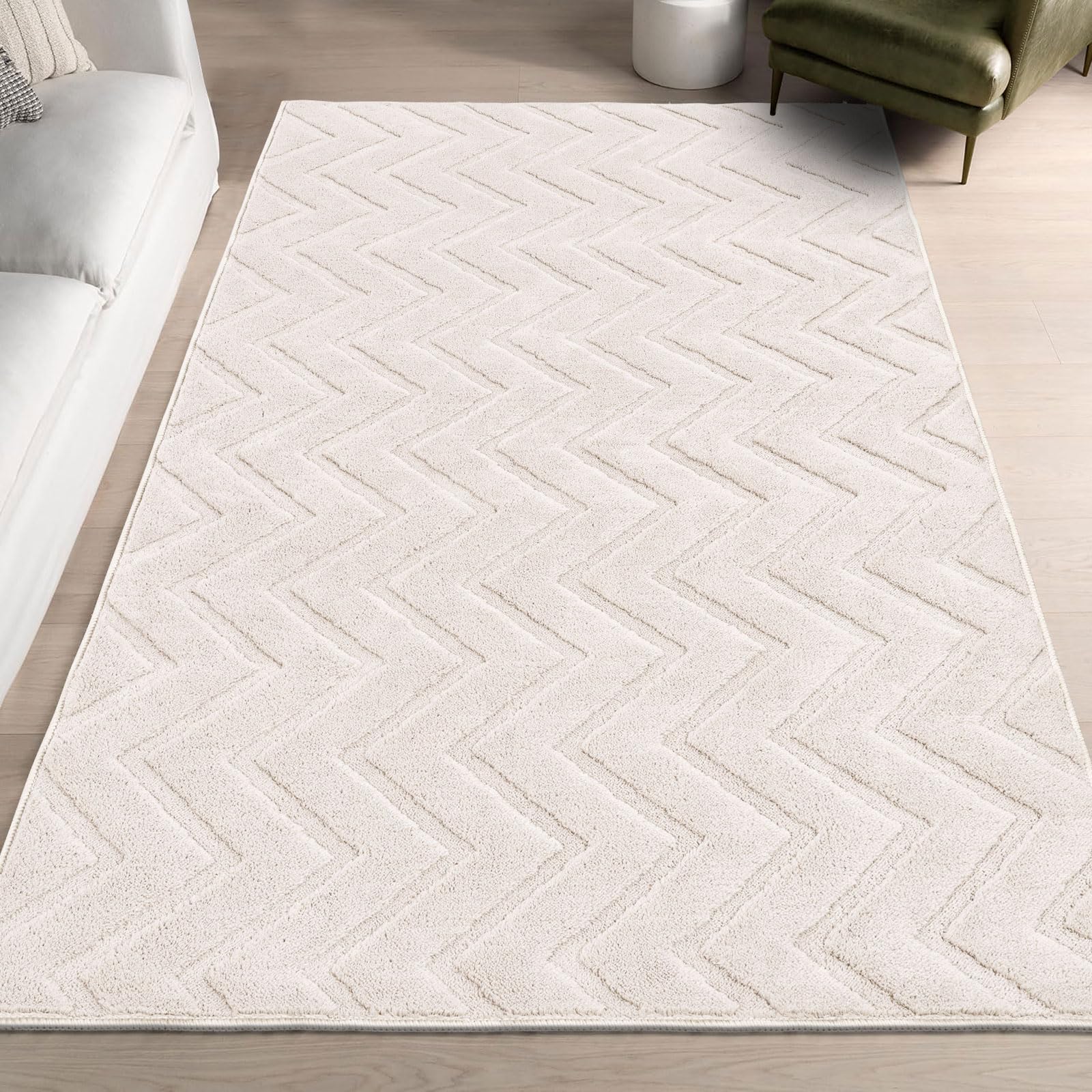 Photo 1 of SHACOS Soft Fluffy High-Low Pile Textured Chevron Area Rug 4'x5'3" Non Slip Washable Foldable Modern Geometric Wave Medium Thick Stain Resistant Carpet for Living Room Bedroom Kitchen, Beige