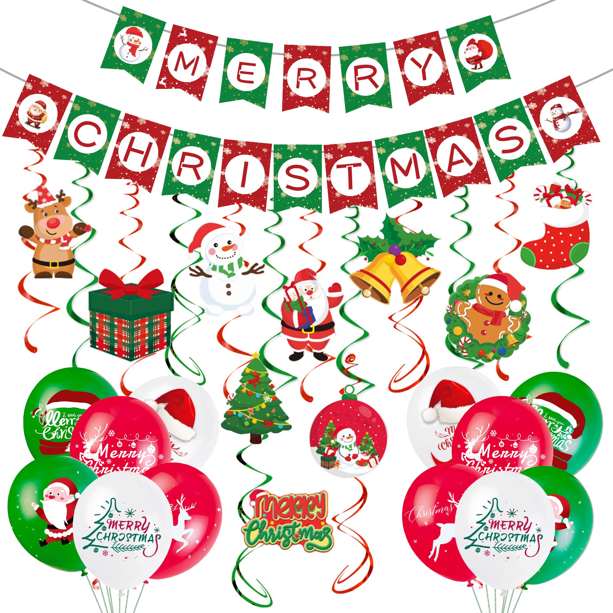 AFYHH Christmas Ceiling Hanging Decorations - 38Pcs Hanging Foil Swirls Paper Decorations Merry Christmas Banner Garland Bunting Balloons