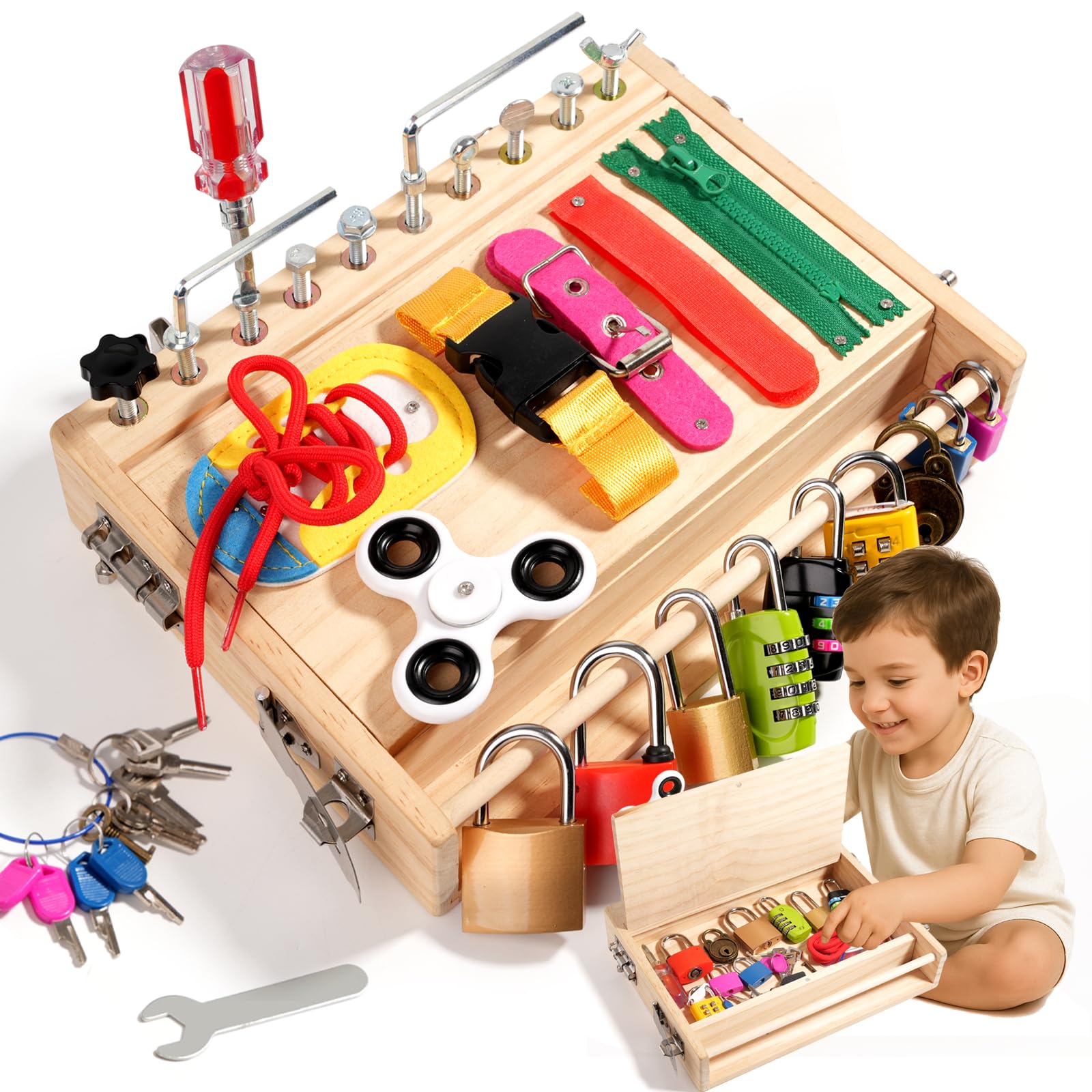 INIFEIDALA Montessori Wooden Busy Board - Fine Motor Skills Toys for 2 ...