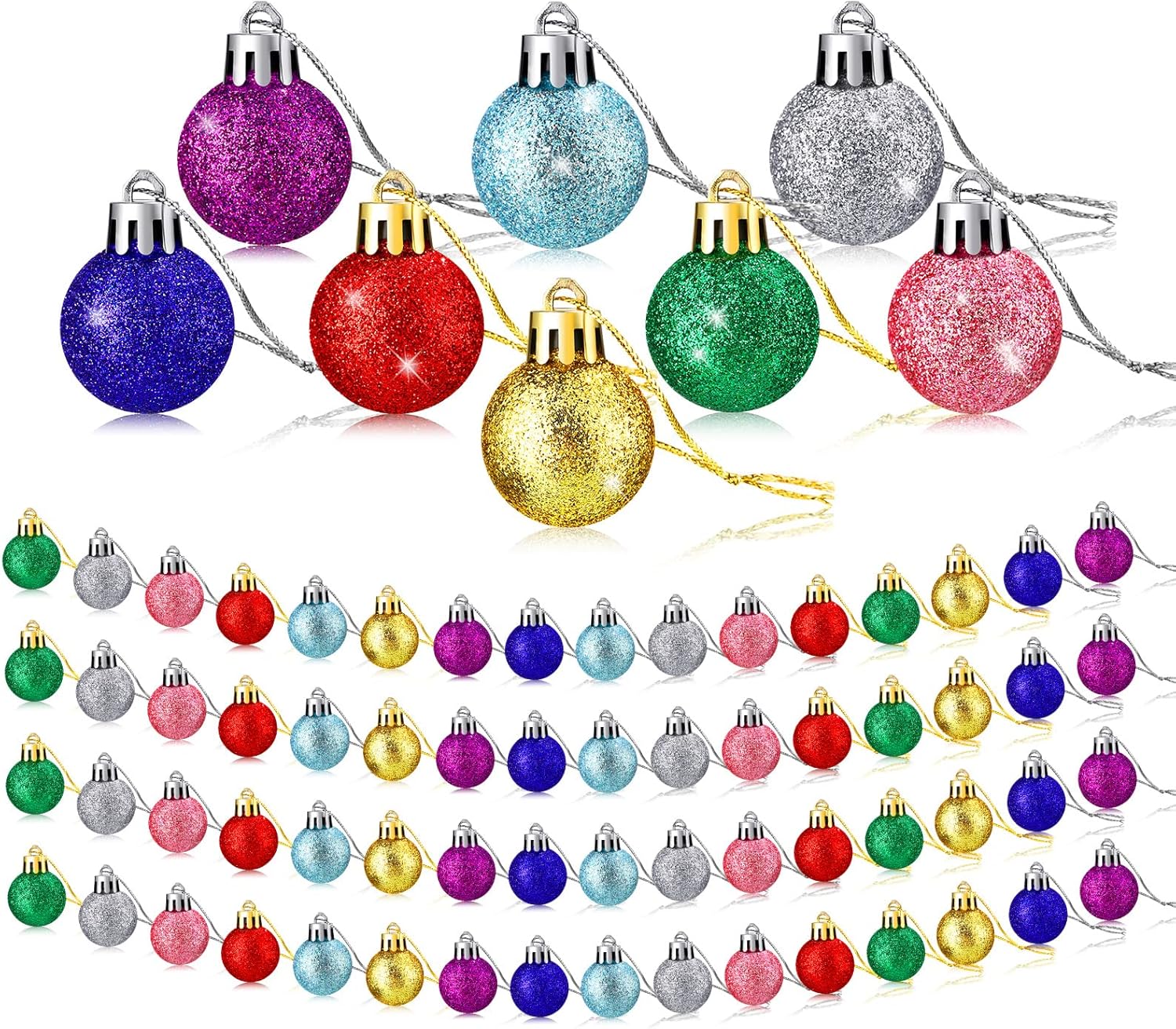Ornaments - 48 Pieces Christmas Ball Ornaments Mini Glitter Multicolor Christmas Ball Ornament Xmas Ball Tree Decorations Miniature Balls for Christmas Tree Party Holiday Decor(Glitter Colors, Simple Style)