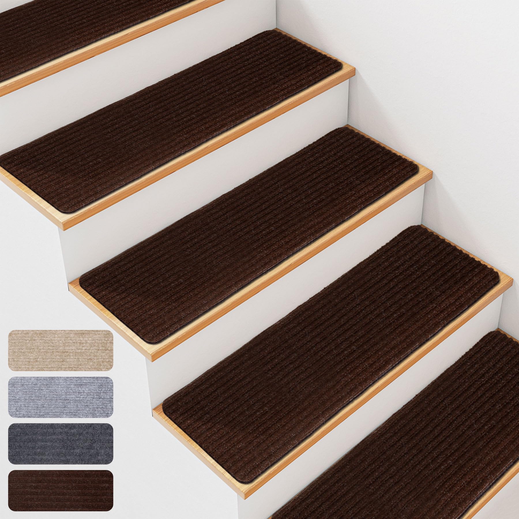 BREENHILL 7 PCS Non Slip Stair Treads for Wooden Steps – 20 x 76cm Indoor Non Slip Stair Treads, Carpet Stair Mats with Self-Adhesive Backing, Removable & Machine Washable – Brown