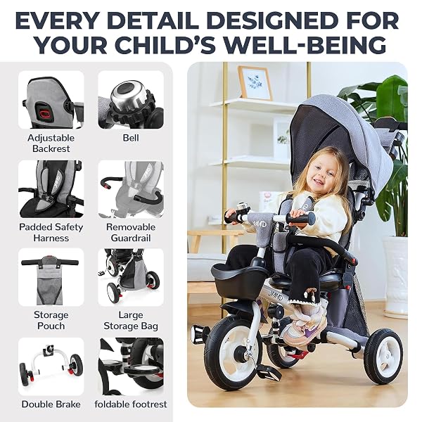 JMMD 8 IN 1 TRICYCLE STROLLER WITH PUSH HANDLE, FOLDABLE TRIKE WITH 360° SWIVEL SEAT, RECLINING BACKREST, ALL-TERRAIN WHEELS, DUAL BRAKES, CANOPY & STORAGE, GIFT FOR KIDS 18 MONTHS TO 5 YEARS, GRAY