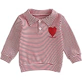Toddler Baby Boy Valentine’s Day Outfit Heart Letter Embroidery Waffle Striped Long Sleeve Polo Shirt Button-up Pullover Top