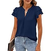 SimpleFun Womens Business Casual Tops Ruffle Short Sleeve V Neck Flowy Dressy Summer Blouses Shirts