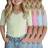 LessonZoo 4 Pack Girls Ribbed Half Sleeve Shirts V Neck Summer Slim Fit Kids Tops Casual Basic Tee for Teen