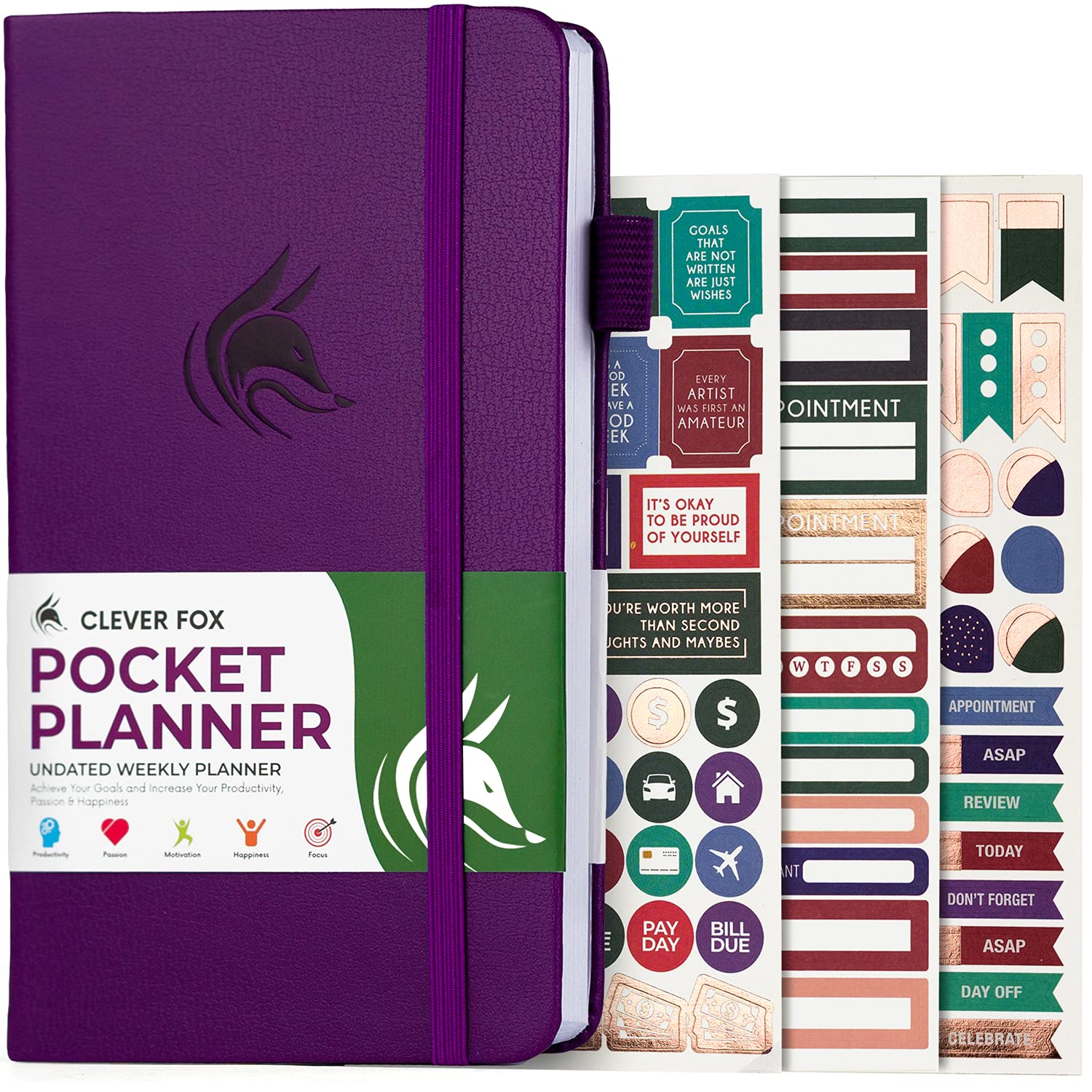 Clever Fox Pocket Weekly – Undated Monthly Goal Planner and Calendar, Mini Planner Perfect for Purse, 10x17.5cm (Purple)