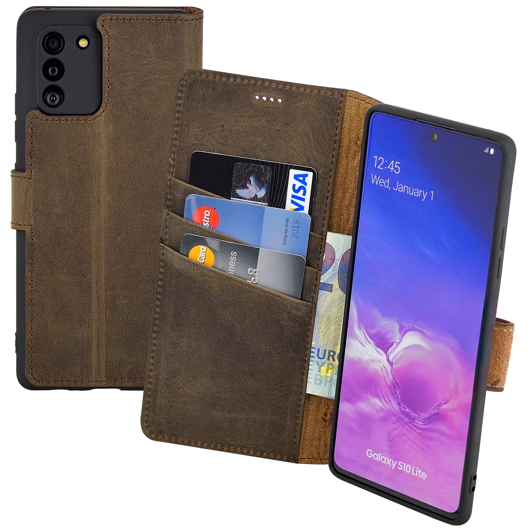Suncase Book-Style Case Compatible with Samsung Galaxy S10 Lite (2020) Leather Case (Slim Fit) Mobile Phone Case Protective Case with 3 Card Slots in Antique Brown