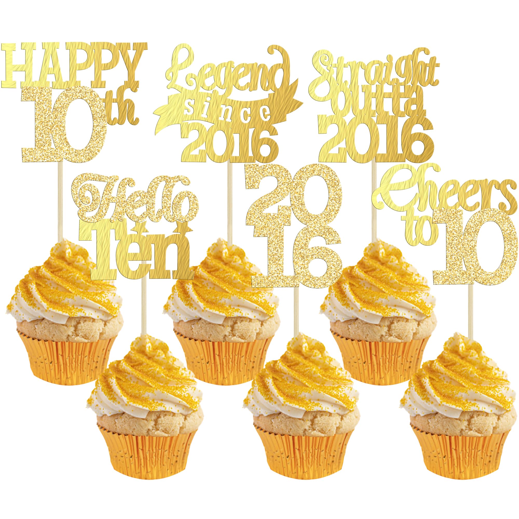 Gyufise 24Pcs Happy 10th Birthday Cupcake Toppers Hello Ten Legend Since 2016 Cupcake Picks Cheers to 10 Years Cake Decorations for 10th Birthday Anniversary Party Supplies Gold