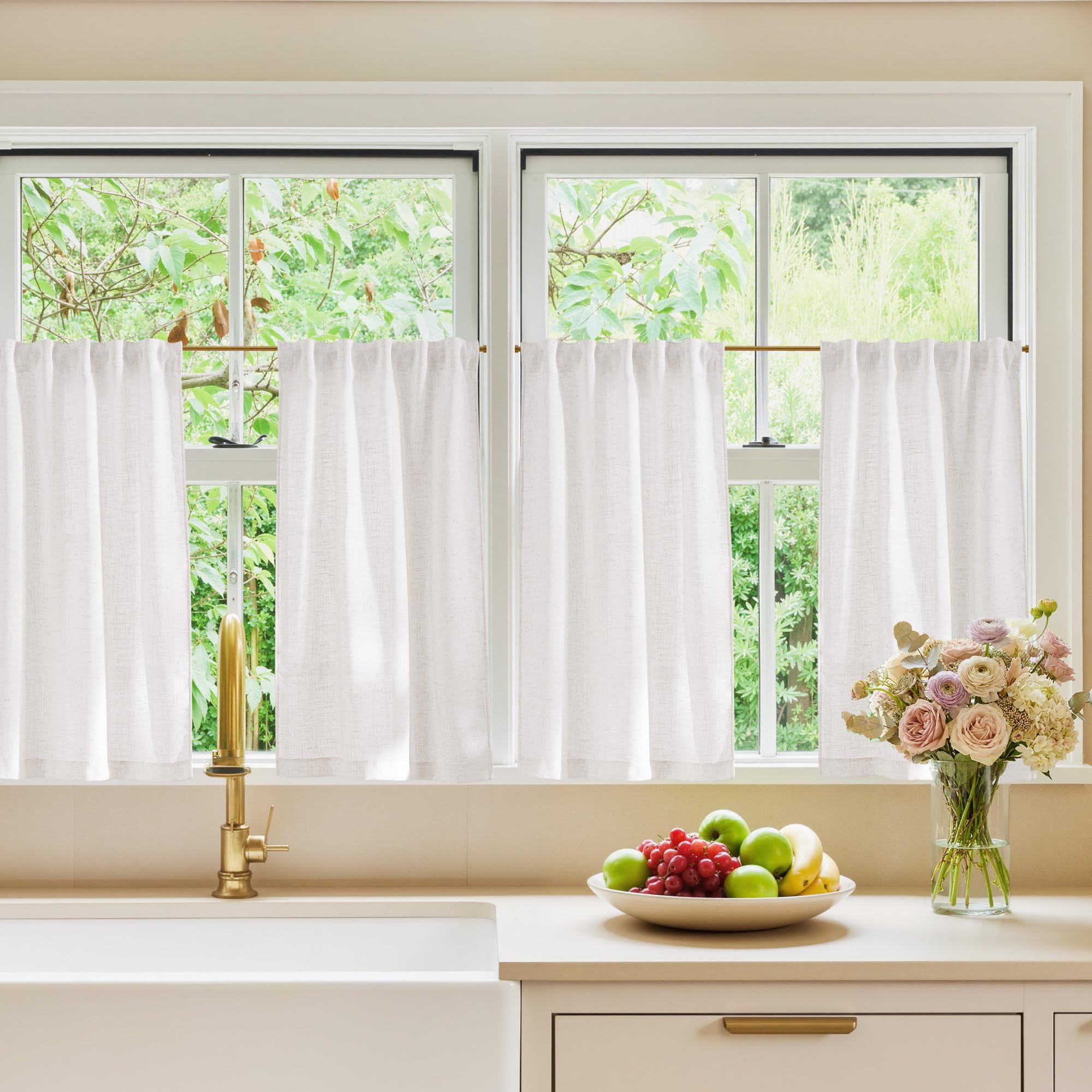 Photo 1 of NICETOWN Natural Thick Linen Blend (230GSM) Kitchen Curtains 36 inch Length, Back Tab & Rod Pocket with Pleat Tab Upmarket Window Treatments Light Filtering for Cafe, W29 x L36, 2 Panels