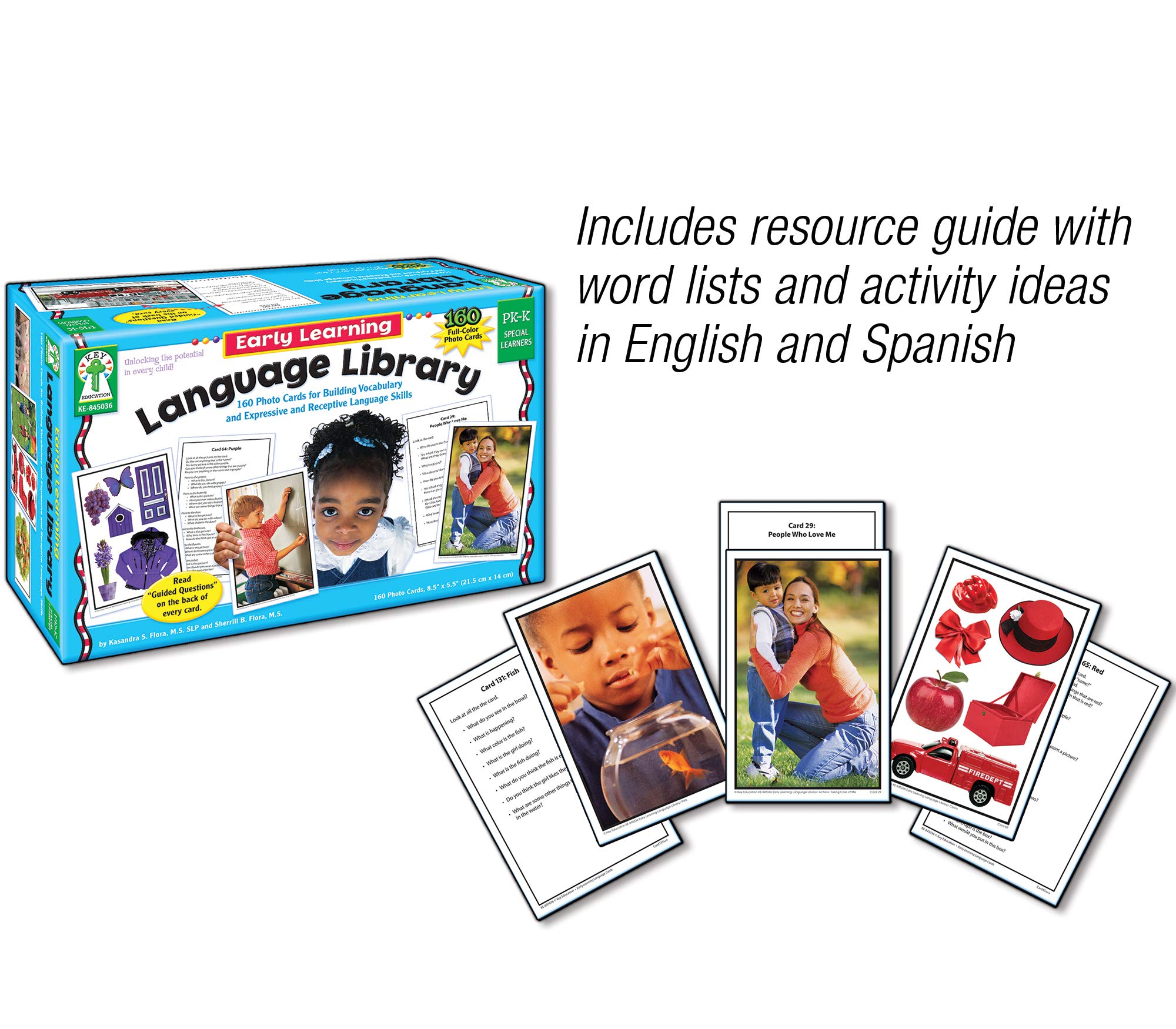 Key Education Early Learning Language Library Photo Flash Cards, Emotions, Colors, Food, Animals, and Actions Vocabulary, 160 Language Builder Picture Cards for Preschool-Kindergarten Special Learners