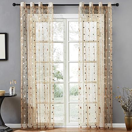 Topfinel Voile Gardinen mit Ösen Polka Dot Punktmuster Stickerei Vorhänge Transparent Tüll Dekoschal für Wohnzimmer Fenster K