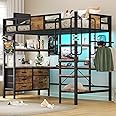 BYSAUD Loft Bed Twin Size with L Shaped Desk and Storage, Metal Bunk Bed with Desk Underneath and LED Lights and Charging Station, Loft Bed frames with 5 Drawer 2 Pegboards, Safety Guard Ladder, Brown