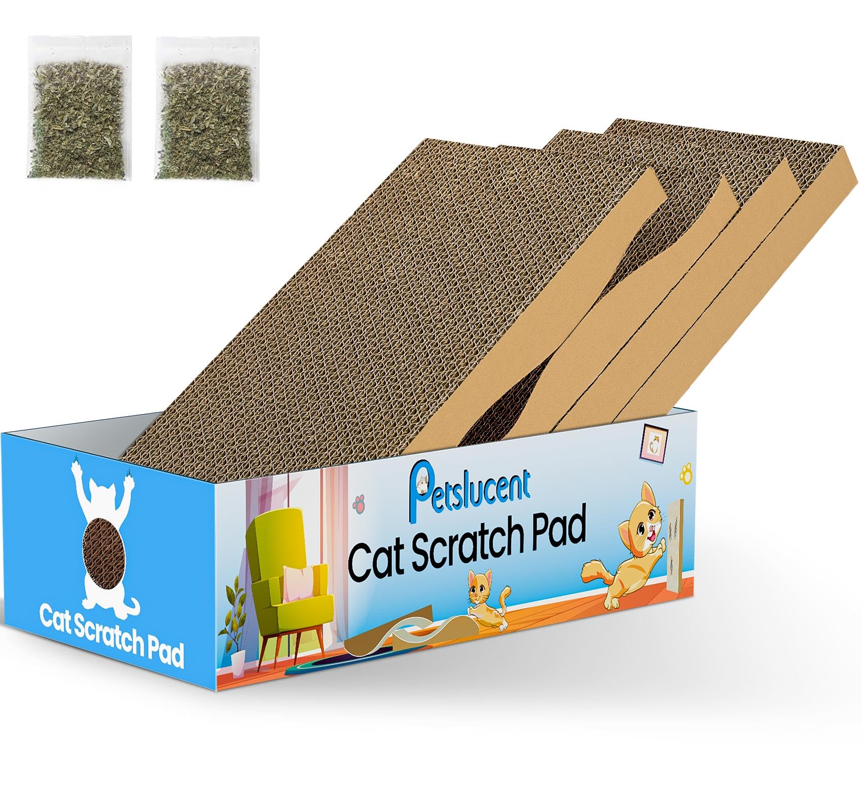 Petslucent Cat Scratching Board - 4PCS Cat Scratcher with Box, Large Size Cats Scratching Pad Easy for Cats to Scratch, Corrugated Cardboard kitten Scratchers Lounge for Indoor Kitty to Rest and Play