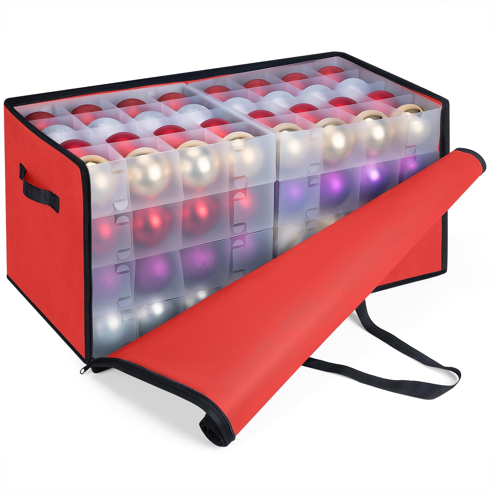 BALEINE Christmas Ornament Storage Box with Dividers, Premium Holiday Ornaments Storage Container Bin for Xmas Decorations (128 Ball, Red, Soft) Image