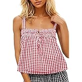 synound Women Plaid Cropped Camisole Tops Ruched Tie Front Square Neck Backless Loose Cute Crop Cami Tank Adjustable Top