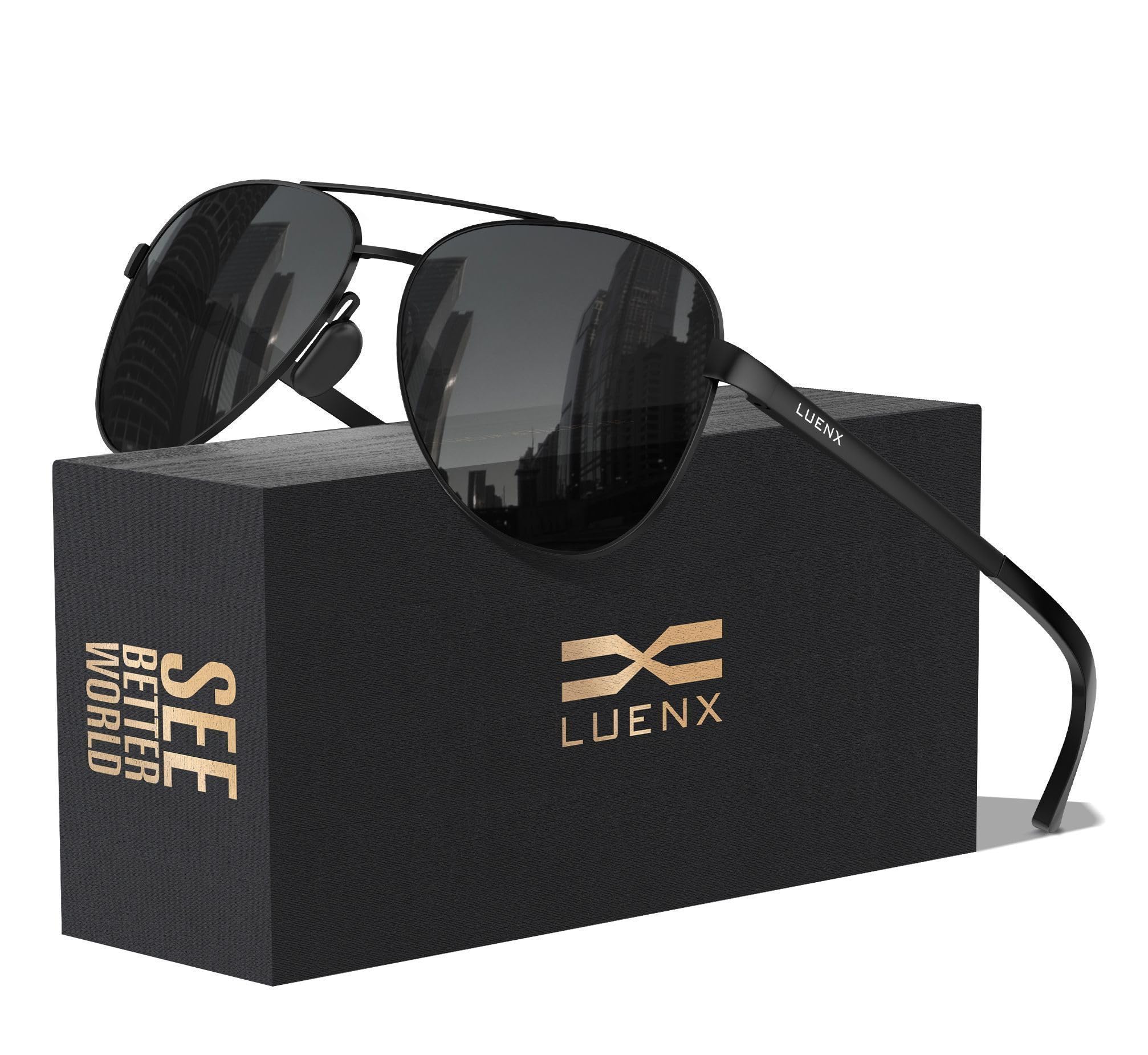 Photo 1 of LUENX Aviator Sunglasses for Men Women Polarized-Stylish Shades Non Mirror UV400 Protection Driving Outdoor Activities 59 MM(All Black)