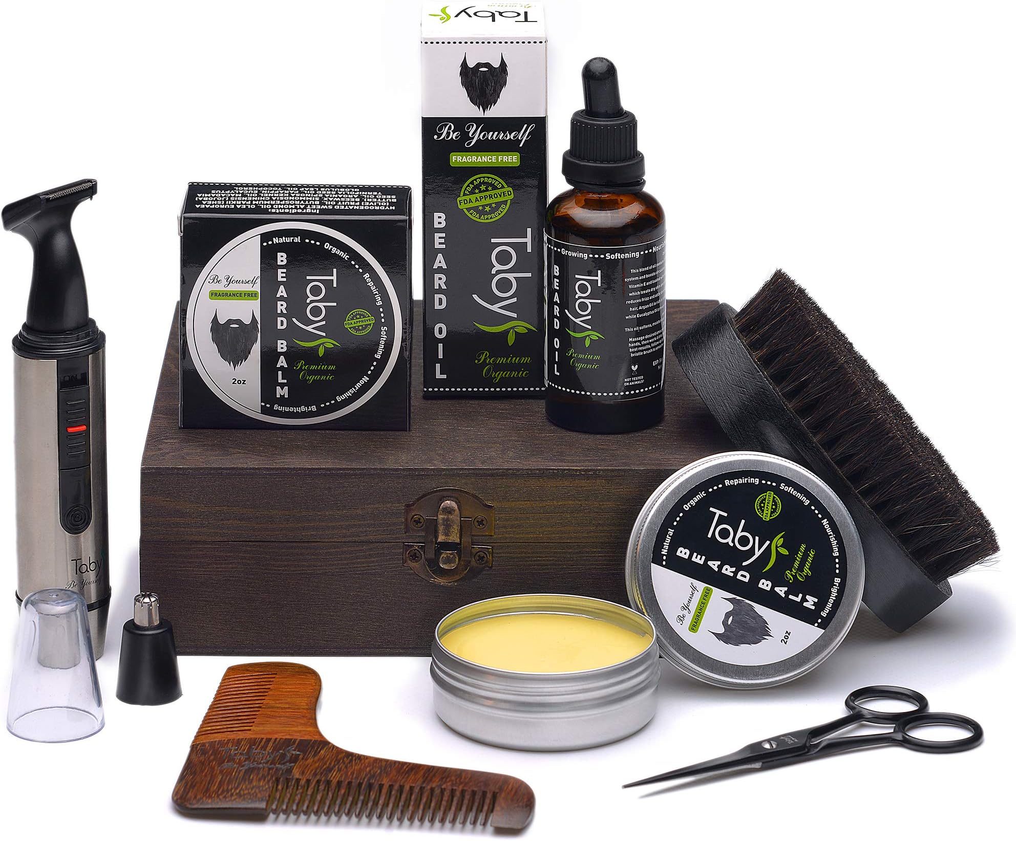Beard Care Kit, Grooming & Trimming Gift Set for Men Includes - Beard Oil, Beard Balm, Horsehair Brush, Wooden Comb, Facial, Nose & Ear Trimmer, Beard & Mustache Scissors