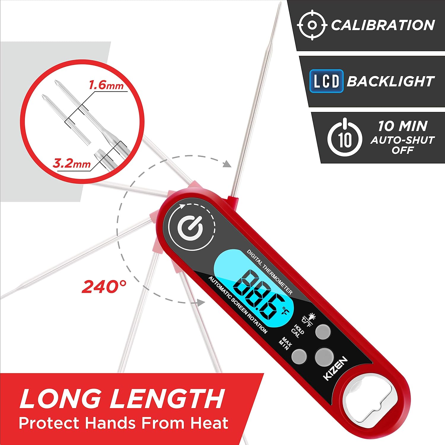 Kizen IP100 Instant Read Meat Thermometer - Waterproof Ambidextrous Thermometer with Backlight & Calibration. Digital Food Thermometer for Kitchen, Outdoor Cooking, BBQ, and Grill! (Red): Industrial & Scientific