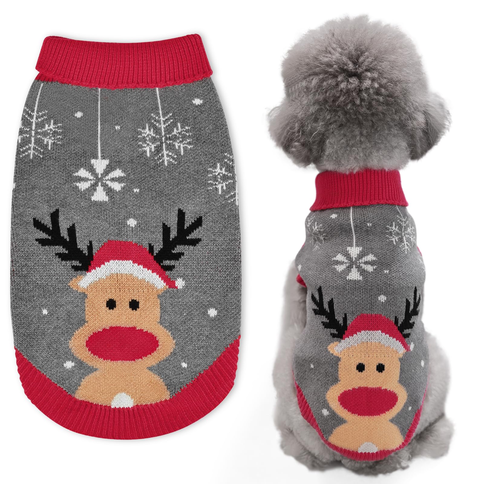 Dog Christmas Jumper, FWLWTWSS Reindeer Christmas Dog Jumper, Turtleneck Puppy Jumper for Small Medium Large Dogs Winter Wearing Costume, Dog Sweater Christmas New Year Outfit(S)