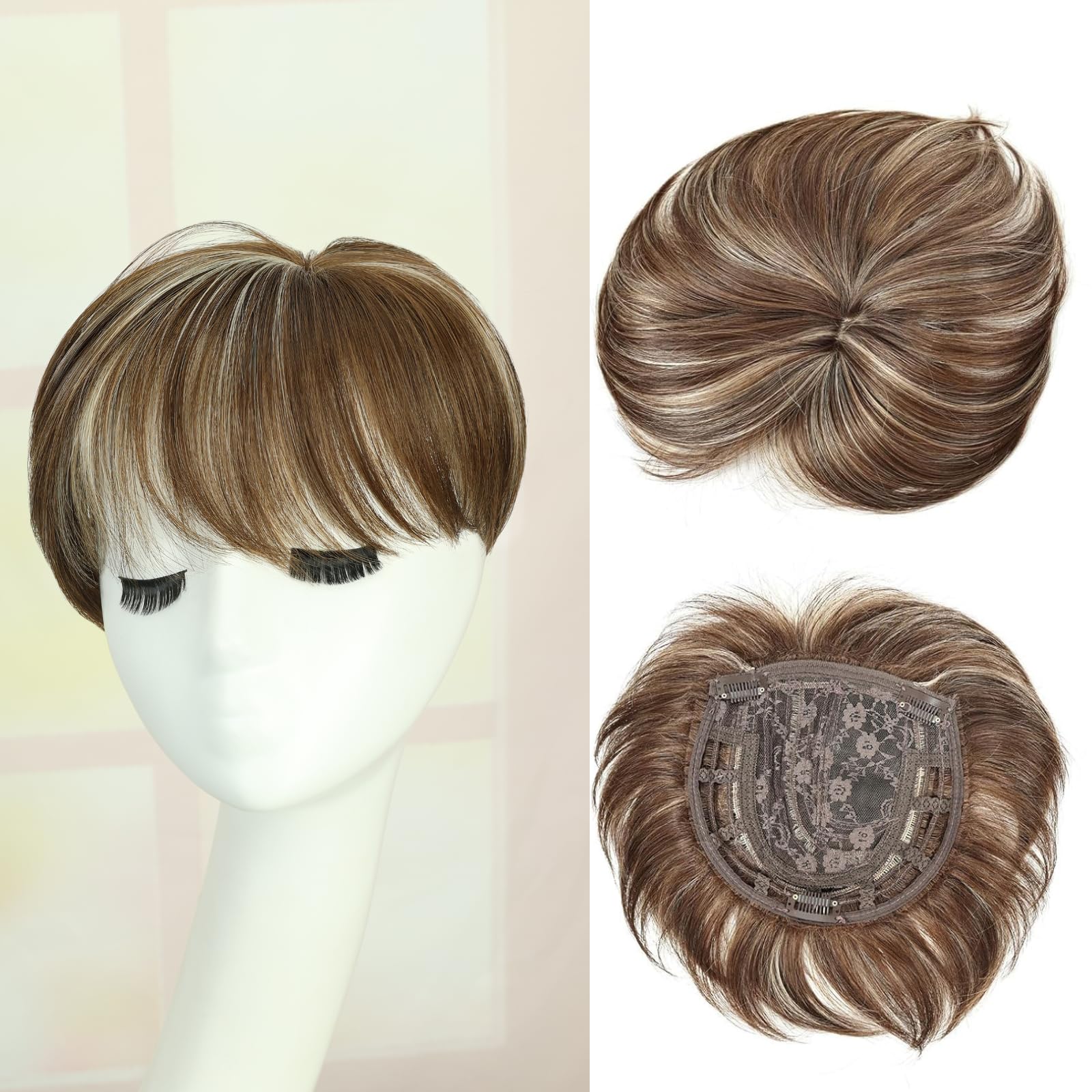 Photo 1 of BECUS Hair Pieces for Women Clip in Bangs Hair Toppers 360°3D Cover 6.5x6 inches Fake Bangs Synthetic Wiggy for thinning Hairs Short Topper Brown with Blonde