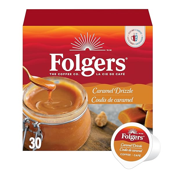 FOLGERS CARAMEL DRIZZLE FLAVOURED COFFEE, SINGLE-SERVE K-CUP PODS FOR KEURIG COFFEE MAKERS, 30 COUNT