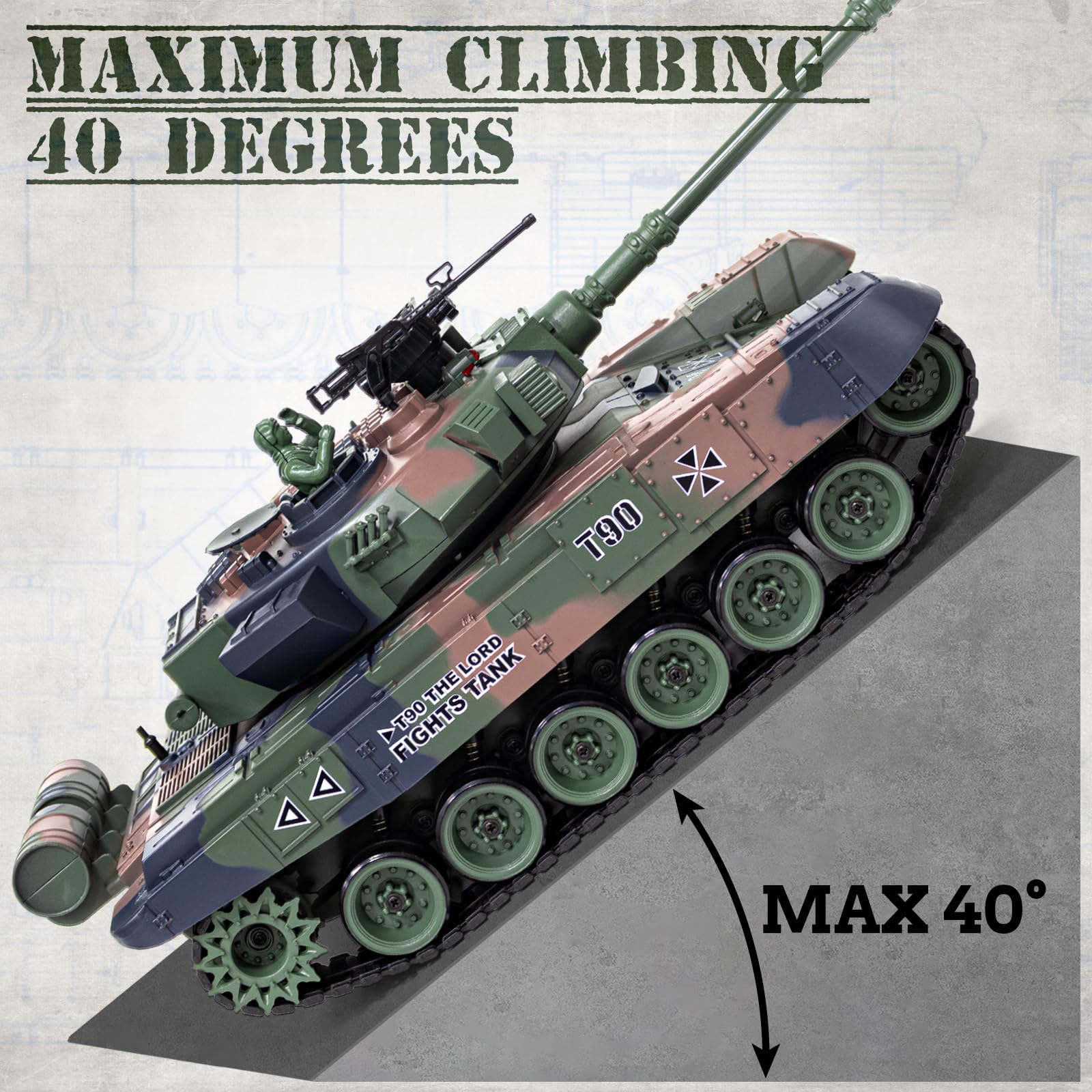 Supdex 1:18 RC Tank, 2.4Ghz RUS T-90 Remote Control Tank Model Toys, Battle Army with Smoke, Light Sound, Volume Switch, Military Toy for Adults and Kids That Shoots BBS, Water Bombs