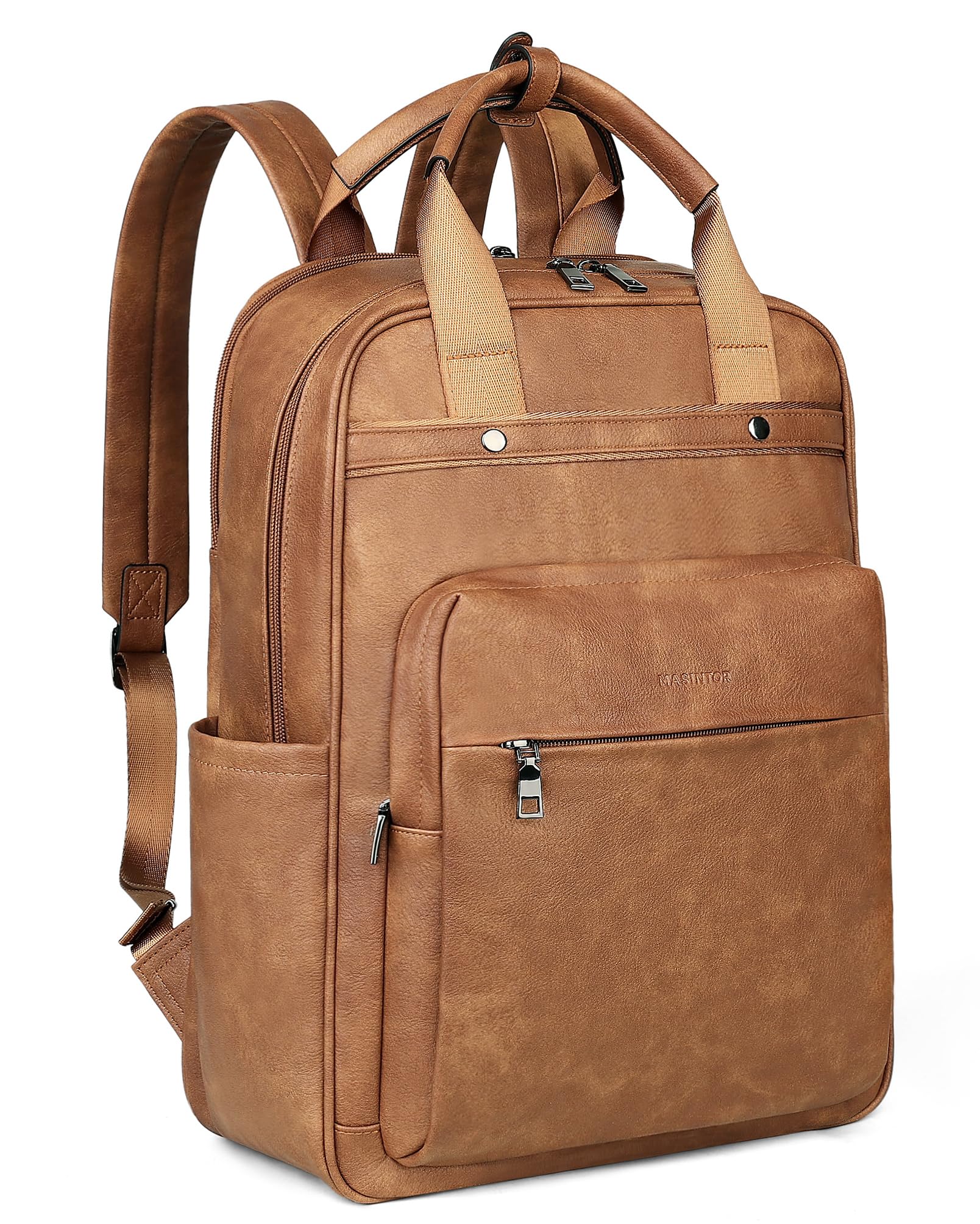 Photo 1 of MASINTOR Leather Laptop Backpack for Women, Stylish Computer Backpack College Business Work Shoulder Bags Work and Travel Mocha Brown