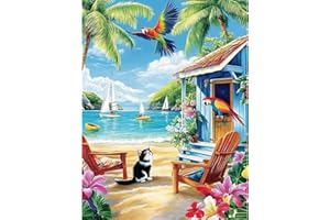 Miwixy Beach Diamond Painting,Black Cat Diamond Art Kits for Adults,5D Full Drill Round Dots Peinture Diamant,Flowers Birds D