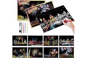 TOULIDEIFARIA Scratch Painting for Adults Rainbow Scratch Paper 8 Sheets Paint by Scratch Adult 7.8x5.5inch Scratch Art(City Postcard)