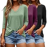 Riyiper 3 Pack V Neck 3/4 Sleeve Tops for Women Dressy Casual Loose Fit T Shirts Trendy Basic Tunic Tees