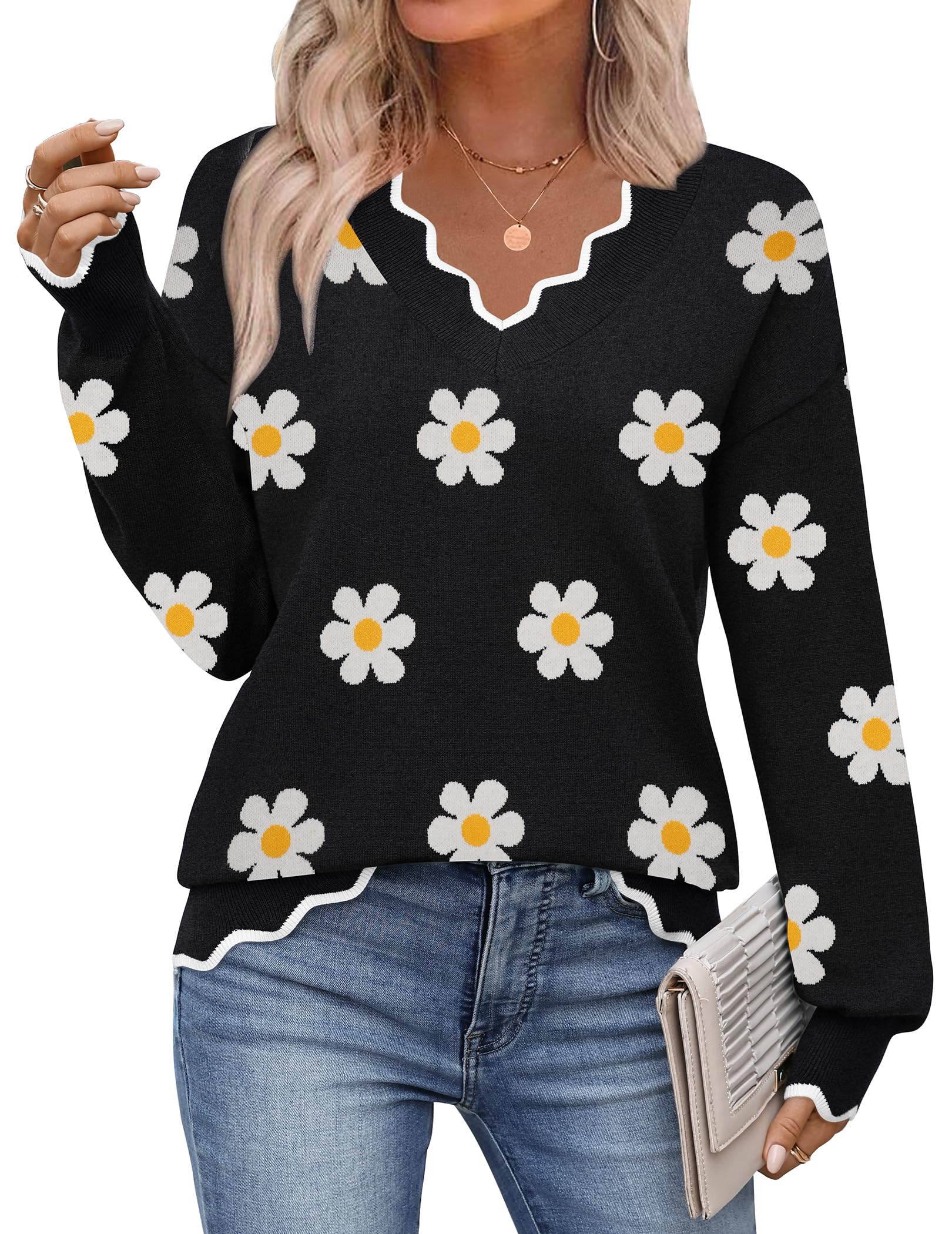 Zeagoo Fall Flower Sweaters for Women 2025 Long Sleeve V Neck Winter Tops Casual Lightweight Knit Pullover Sweater Shirts Image