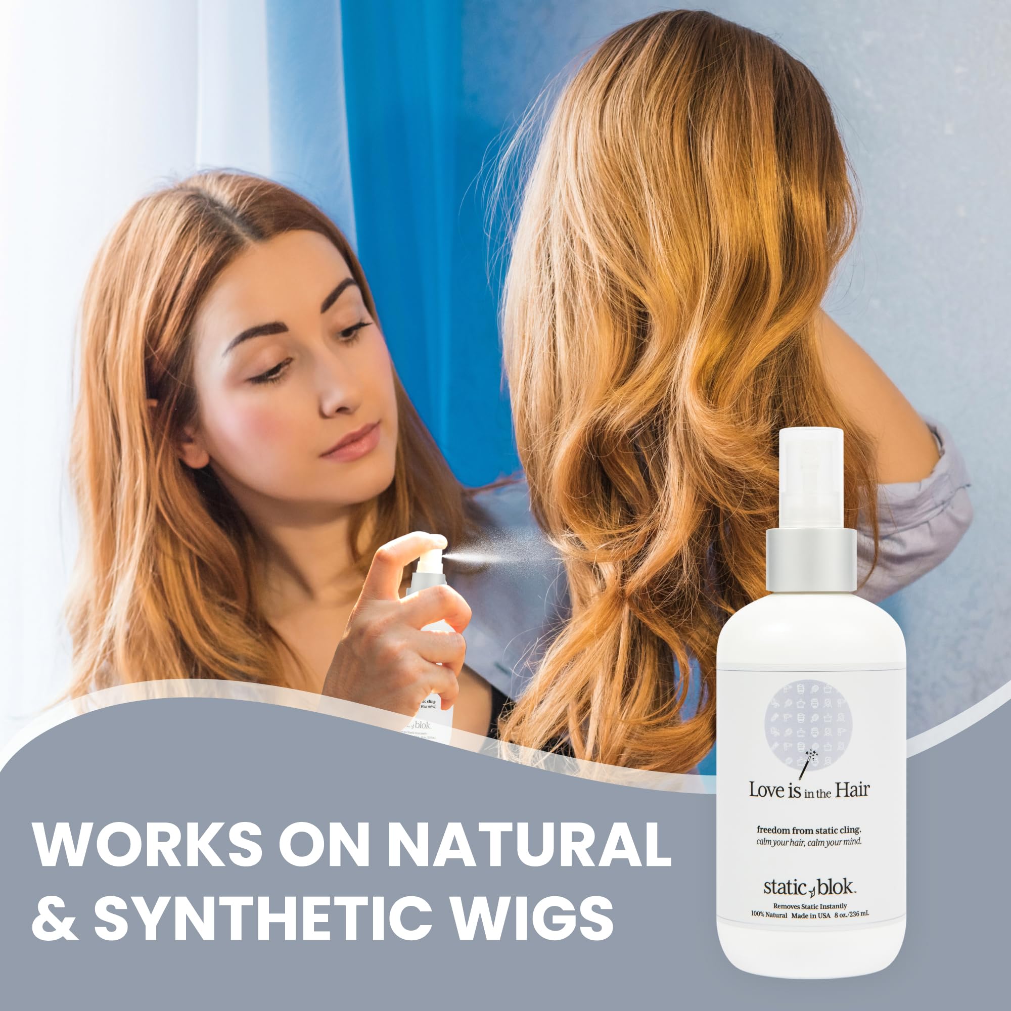 Static Blok Anti-Static Spray for Hair - Instantly Eliminate Static Cling, Shocks, Flyaways - Long-Lasting All-Day Freshness - works on Natural and Synthectic Wigs - 8oz