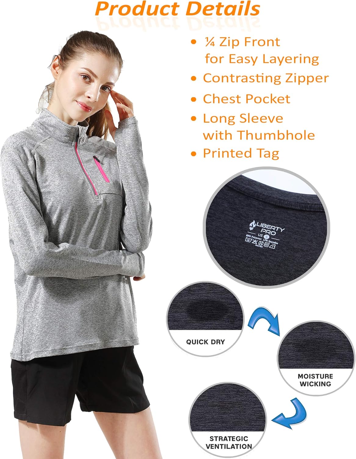 Liberty Imports Pack of 3 Women's Quarter Zip Pullovers, Athletic Long Sleeve Running Shirts: Clothing