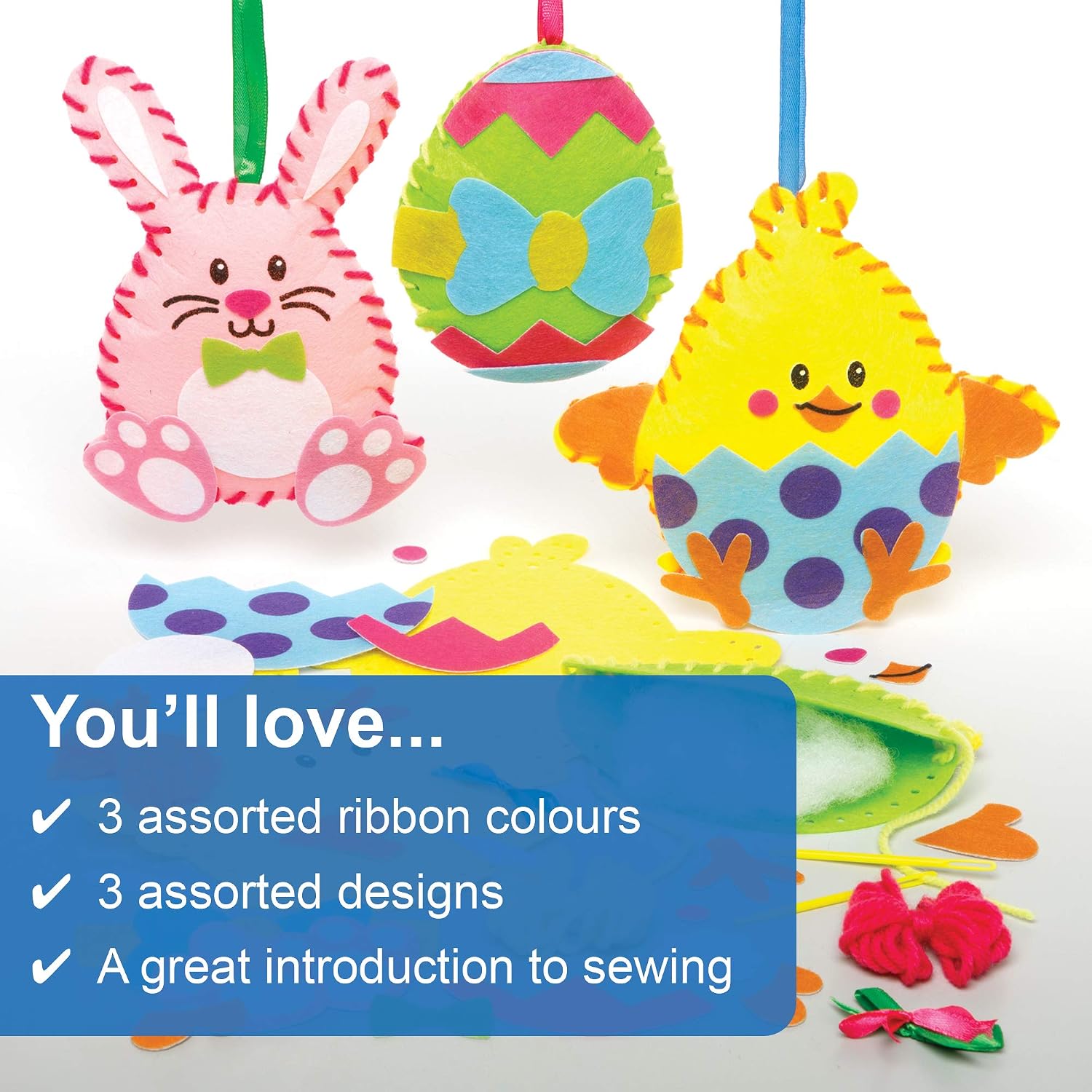 Baker Ross Easter Sewing Decorations - Pack of 3, Sewing Kits for Kids (AX798), Assorted, 20 cm x 26 cm x 5 cm - Image 4