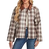 KEOMUD Fall Jackets Casual Plaid Barn Jackets for Women Lightweight Trendy Outwear with Contrast Suede Collar