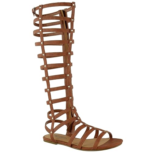 Womens Damen Ausgeschnitten Gladiator Sandalen Flaches Knie Stiefel Riemchen Größe