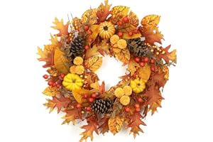 Wreaths Wish 26 Inch Fall Wreath for Front Door, Artificial Autumn Wreath with Maple Leaves,Pine Cones,Pumpkins,and Berries, Thanksgiving & Halloween Fall Decor for Indoor Outdoor Wall Window