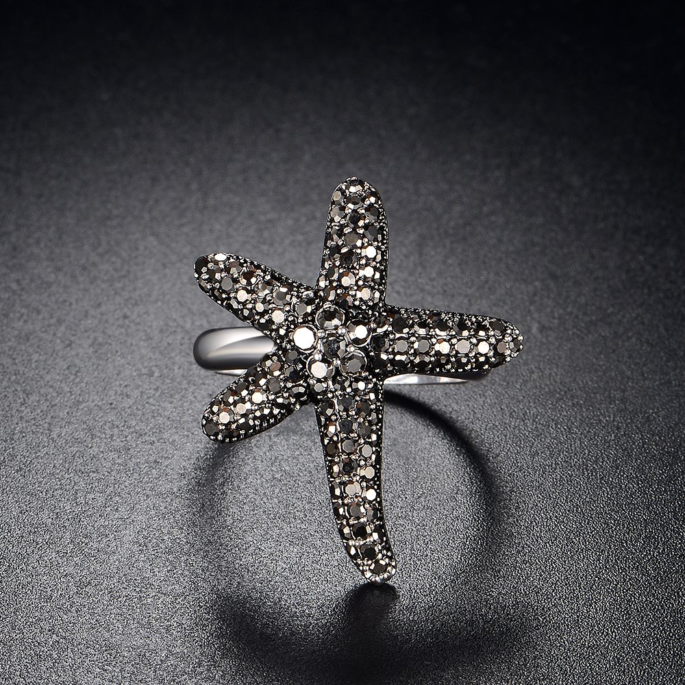 Dnswez Starfish Black Crystal Marcasite Fashion Statement Ring(10)