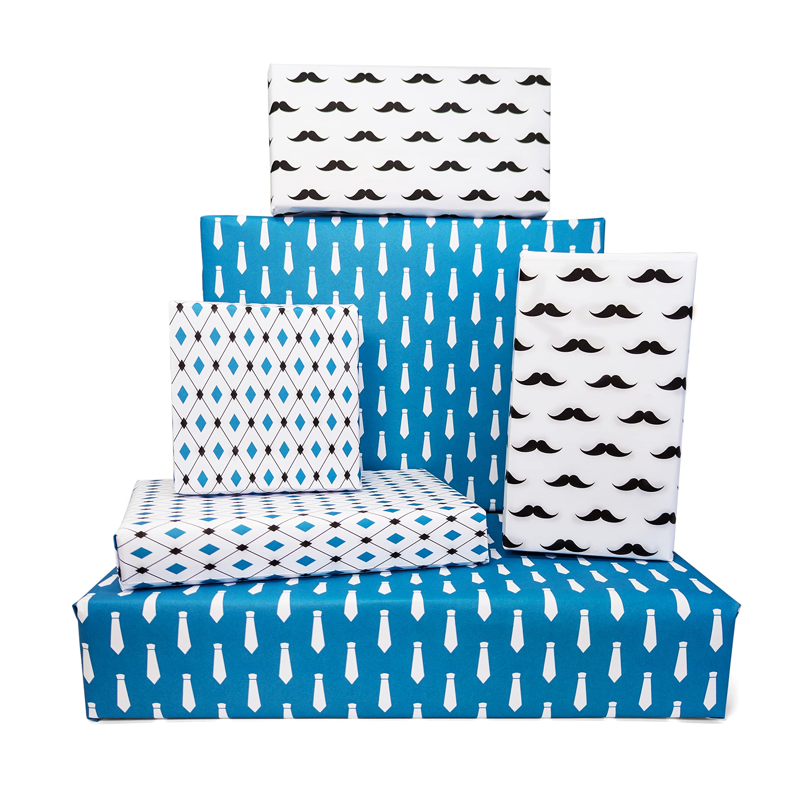Modern Mens Wrapping Paper - 100% Recycled and Recyclable Blue Wrapping Paper | 6 x Premium Gift Wrap Sheets - 3 Different Designs, Moustaches | Ties | Blue Geometric. 70cmx50cm each