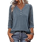 CRAZY GRID 3/4 Length Sleeve Womens Tops V-Neck Lace Tunic Button Down Business Casual Blouses Fall Trendy Outfits 2026 S-XXL