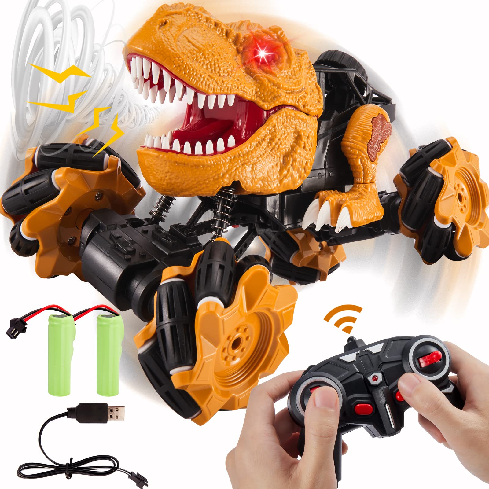 TOEY PLAY Remote Control Car Toy for Kids age 8+, Dinosaur T-Rex Figure, 4WD Stunt RC Cars, 360° Rotating Off-Road Vehicles Monster Truck, Lights and Sounds, Gift for Boys Girls 8 9 10 Years Old