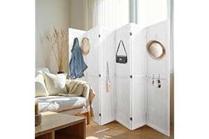 Lyngins Room Divider 6 Panel Pegboard Display 5.6FT Wood PegBoard Room Dividers, Folding Privacy Screens Portable Freestanding Display Board Wall Divider for Art Shows & Room Separation, White