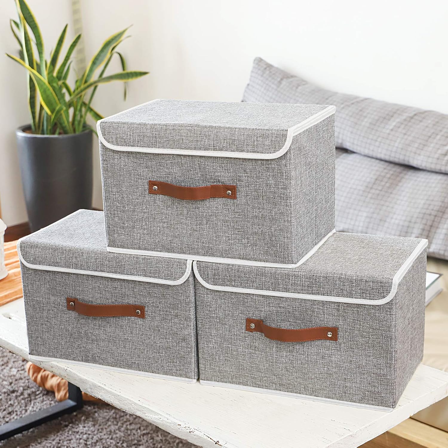 Yawinhe Collapsible Storage Box, Fabric Bin with Lids 3 Pack, Closet Baskets with Handle, for Organizing Clothes 38x25x25cm - Image 3