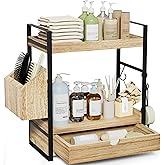 Aollewoiti 2-Tier Bathroom Counter Organizer with Drawer and Basket, Wood Countertop Organizer for Storage, Skincare Organizers for Vanity, Counter Shelf for Bathroom Organization