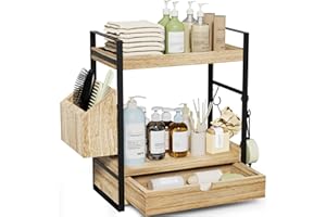 Aollewoiti 2-Tier Bathroom Counter Organizer with Drawer and Basket, Wood Countertop Organizer for Storage, Skincare Organizers for Vanity, Counter Shelf for Bathroom Organization