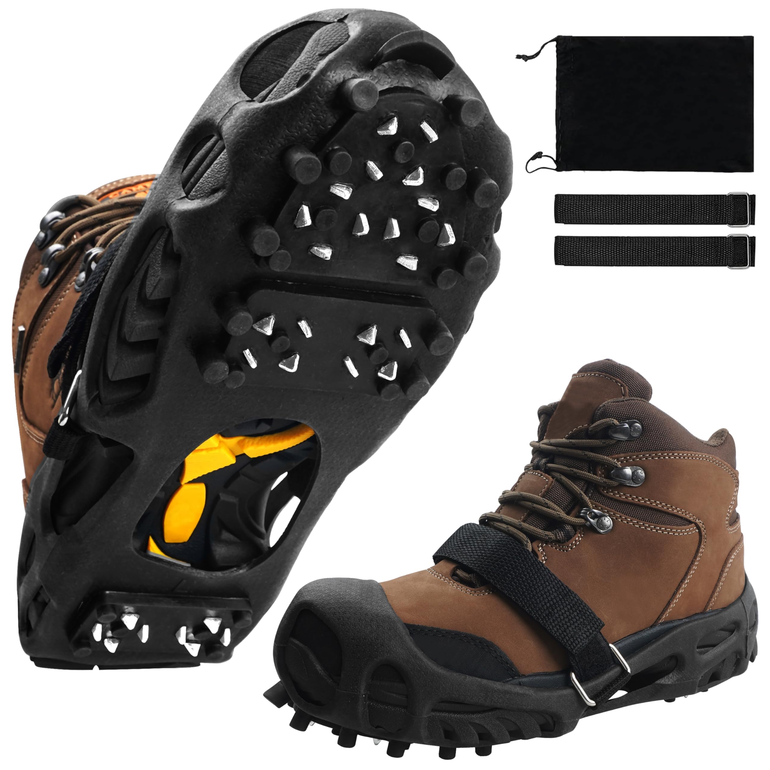 Ice Snow Grips for Walking Boots 28 Spikes Crampons Non-Slip Over Shoe Rubber Spikes Anti Slip Cleats for Walking, Hiking, Climbing, Jogging (S/M/L/XL)