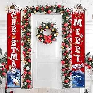 Christmas Porch Decorations for Home Merry Christmas Banner,Christmas Door Decorations Porch Welcome Sign for Front Door Christmas Decoration Outdoor Flags Red Christmas Signs Hanging Decorations