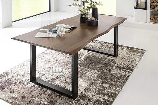 SalesFever Esszimmer-Tisch 140x80 cm | Akazie | echte Baumkante | nussbaum-farbig | schwarzes U-Gestell aus Metall | Massiv-H